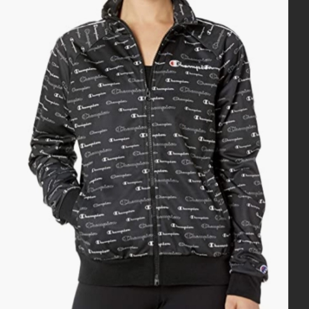 Champion All Over Print Logo Black Track Jacket medium
